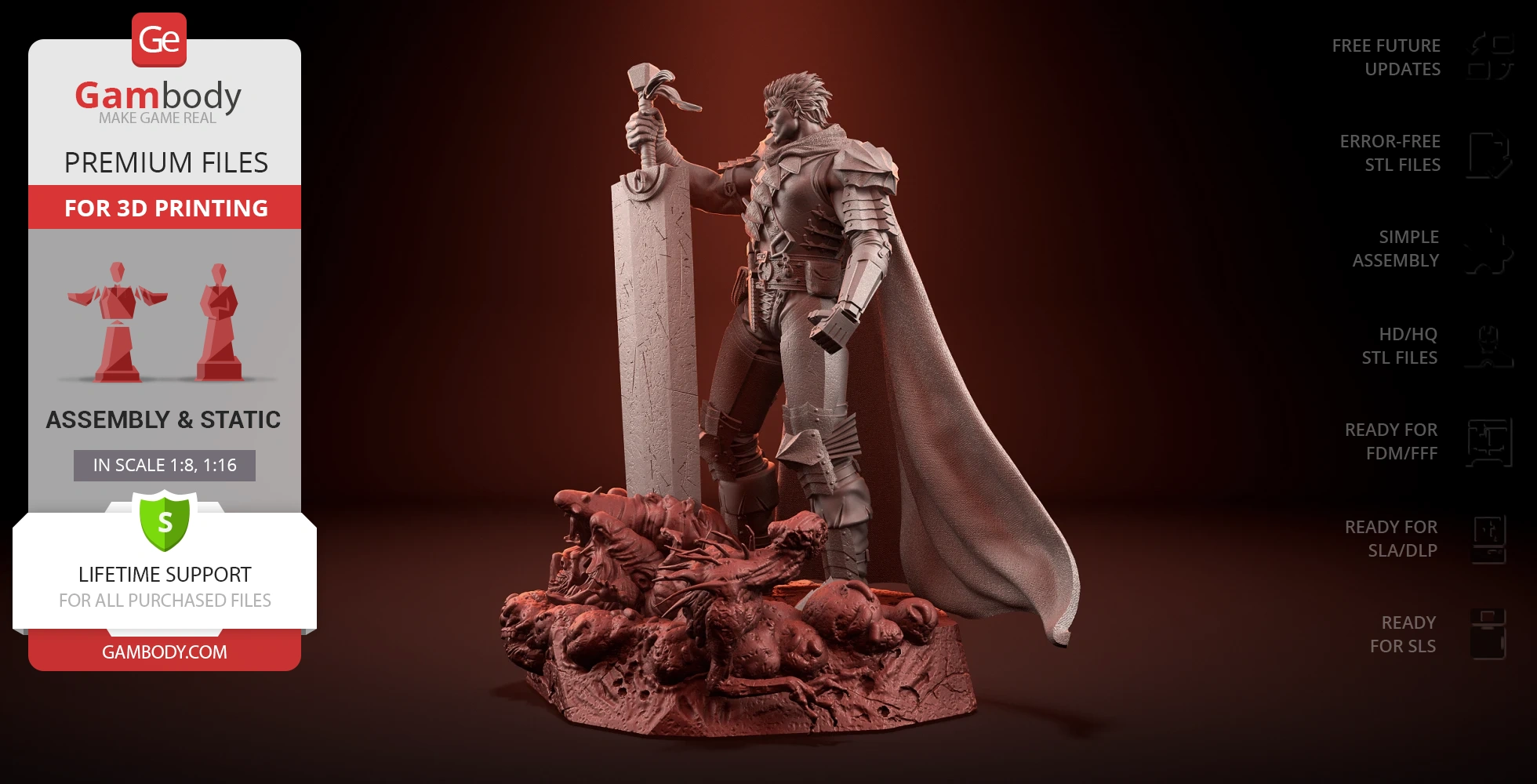 A warrior in armor with a large sword, standing on a base with detailed, contorted figures.