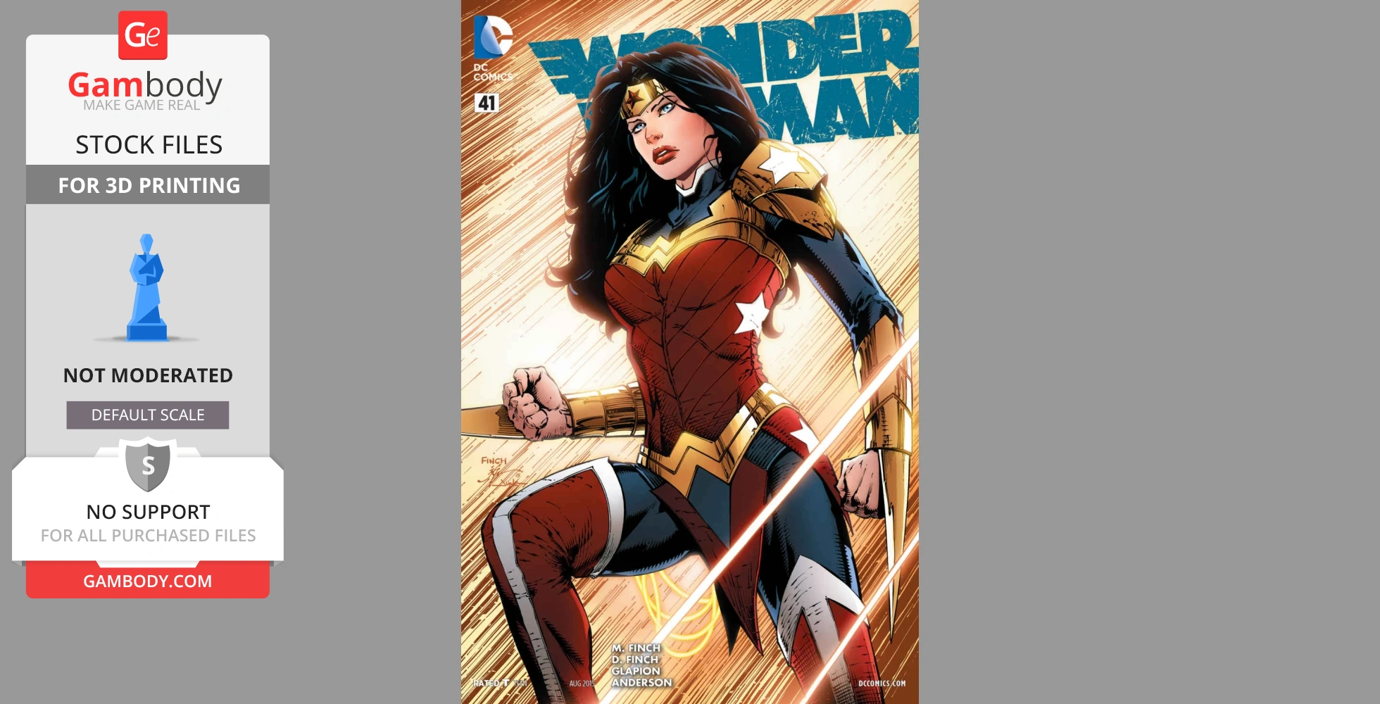 Wonder Woman in dynamic pose with sword, wearing her iconic armor, set against a stylized background.