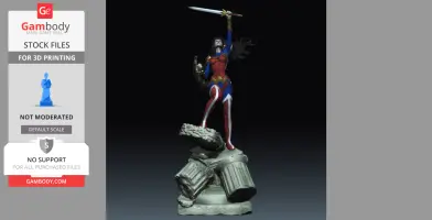 A warrior figure stands on broken columns, holding a sword aloft and a shield, wearing red and blue armor.