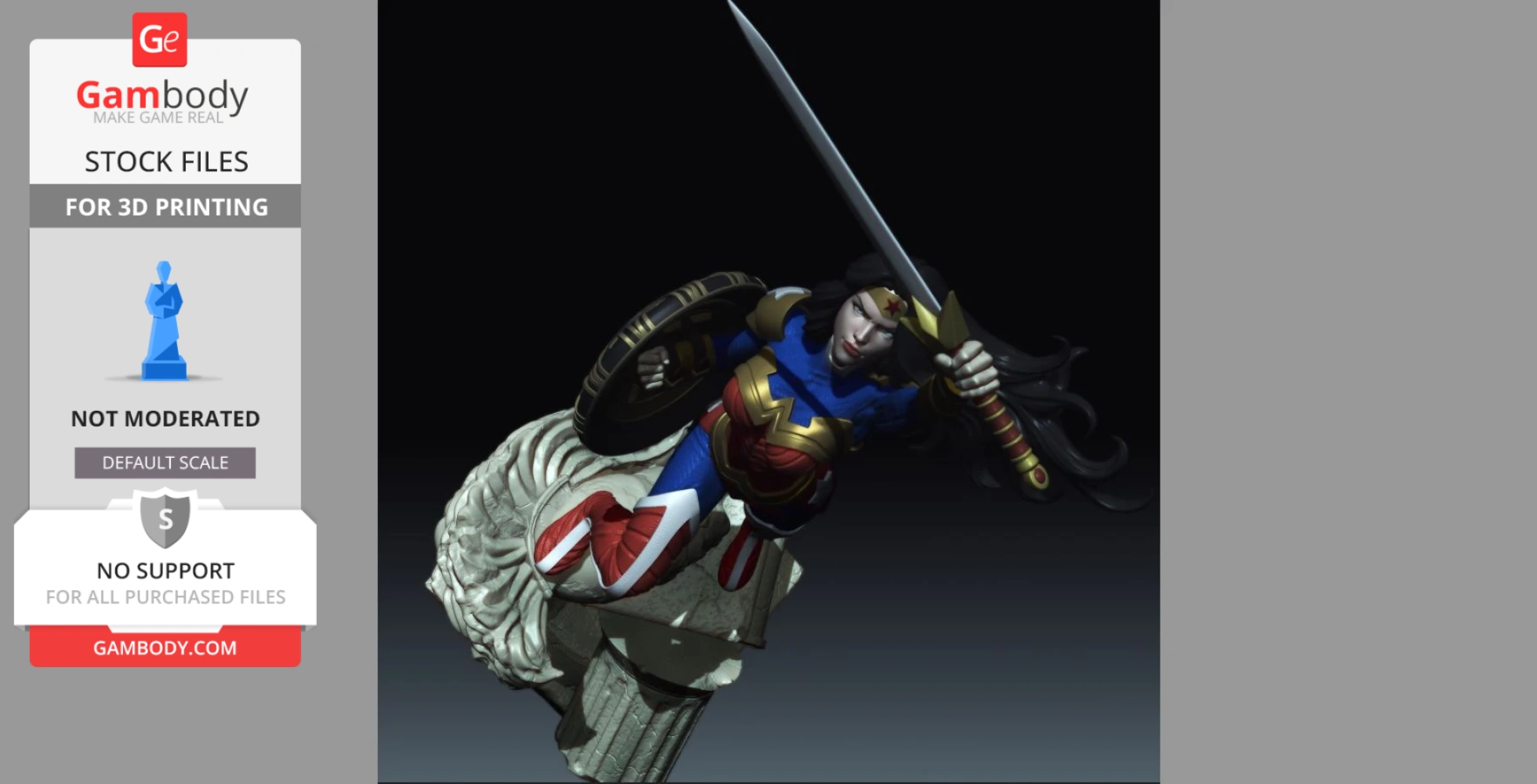 A dynamic figure of a warrior woman in armor, wielding a sword and shield, standing on a stone pedestal.