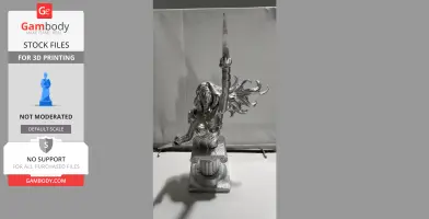 A 3D printed model of a dynamic female figure with a sword, standing on a decorative pedestal.