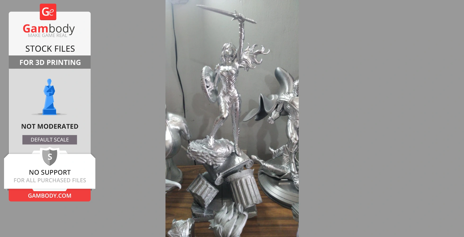 A silver 3D printed figure of a warrior woman with a shield and sword, standing on broken columns.