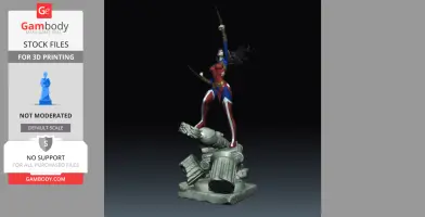 A 3D model of a superhero in a dynamic pose on a stone base with ancient pillar ruins.