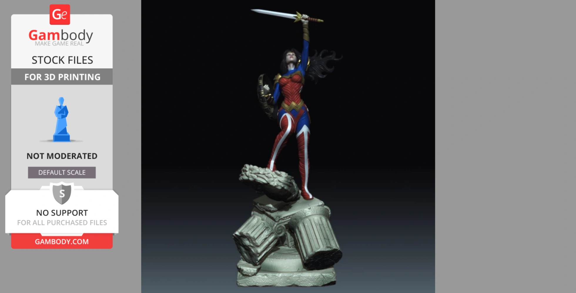 A warrior figure stands on broken columns, holding a sword aloft and a shield, wearing red and blue armor.