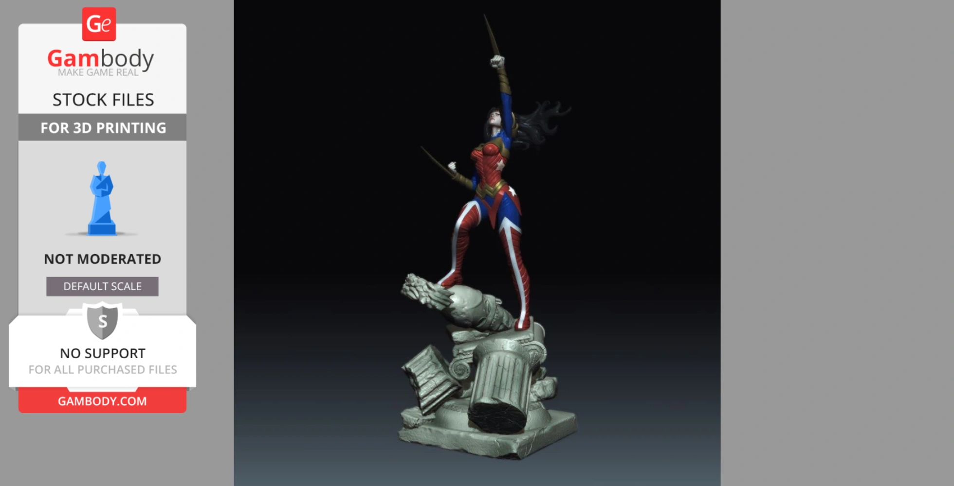 A 3D model of a superhero in a dynamic pose on a stone base with ancient pillar ruins.