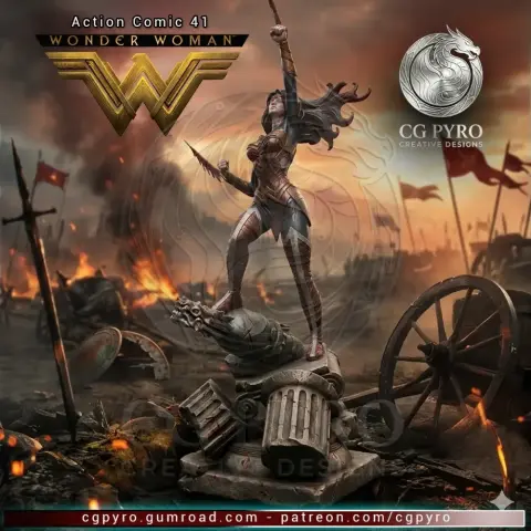 Heroic figure in armor, holding a sword aloft, stands on crumbled pillars in dynamic pose.