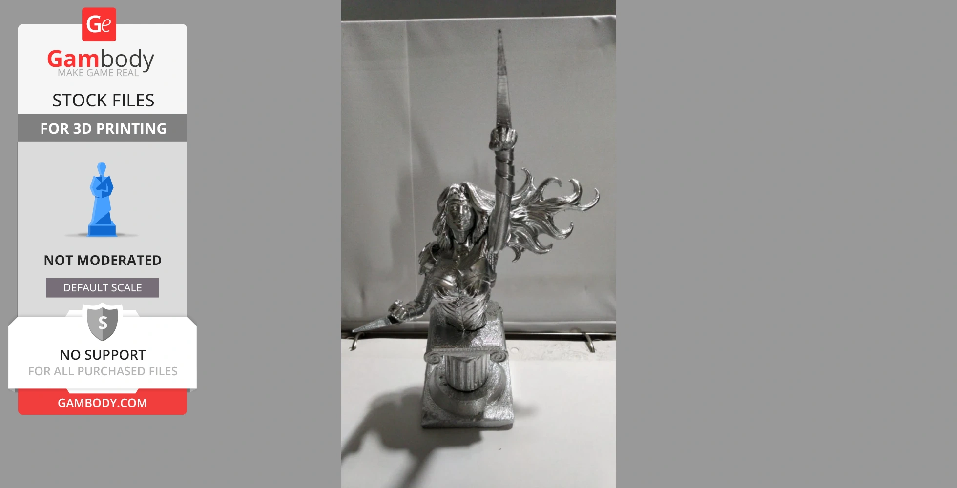 A 3D printed model of a dynamic female figure with a sword, standing on a decorative pedestal.