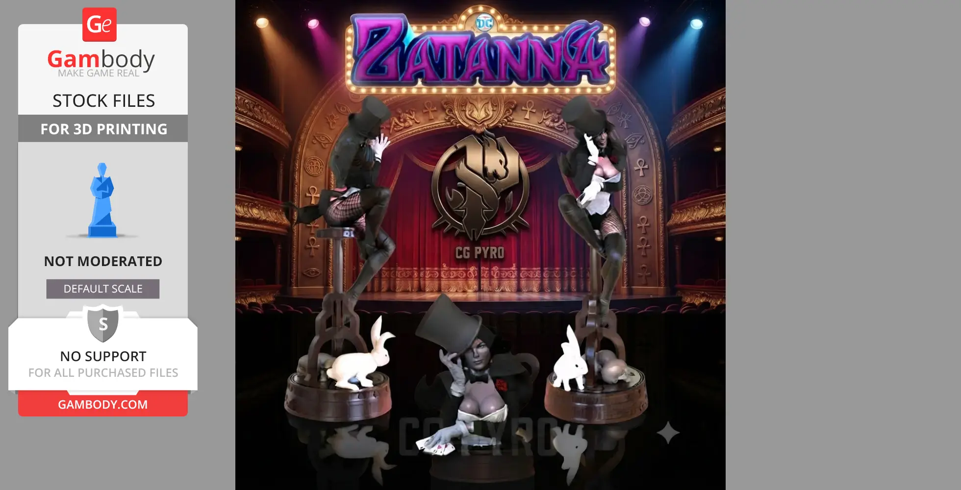 3D models of a magician performing on stage with rabbits and a top hat.