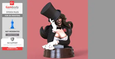 A 3D bust of a woman in a suit and top hat, holding playing cards and smiling.