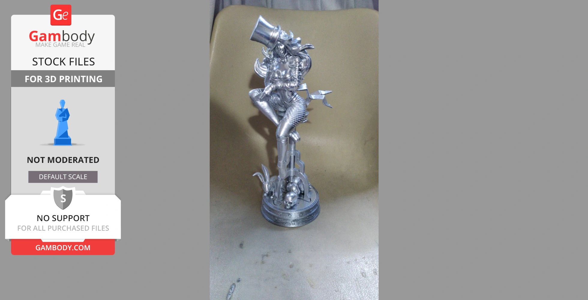 A detailed 3D printed model of a character with a top hat, posed on a decorative base with a rabbit and skull.