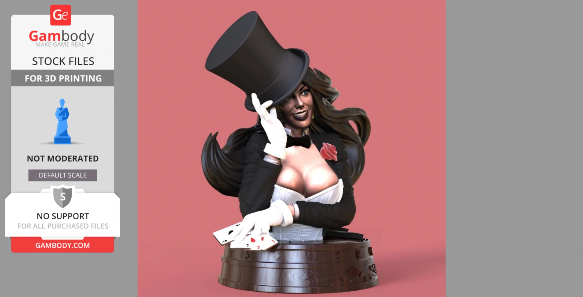 A 3D bust of a woman in a suit and top hat, holding playing cards and smiling.