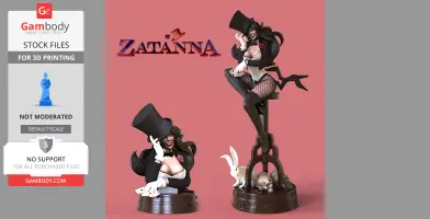 A 3D model of a woman in a magician outfit with a top hat, cards, and rabbits, ready for 3D printing.