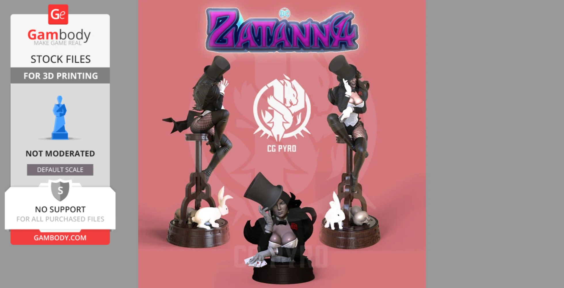 3D models of Zatanna from DC Comics, posed with a top hat and rabbits, designed for 3D printing.