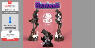 3D models of Zatanna from DC Comics, posed with a top hat and rabbits, designed for 3D printing.