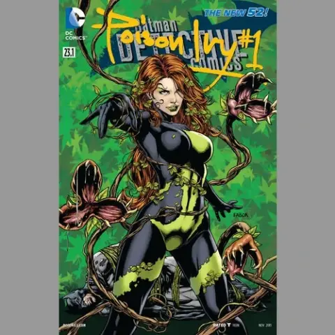 A 3D model of a female figure standing over a fallen person, surrounded by large, curling plant vines.