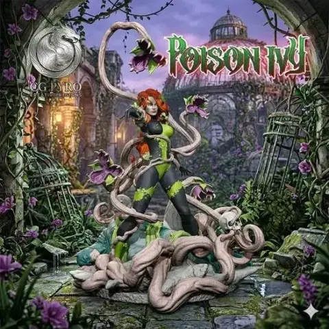 A 3D model of a female figure standing over a fallen person, surrounded by large, curling plant vines.