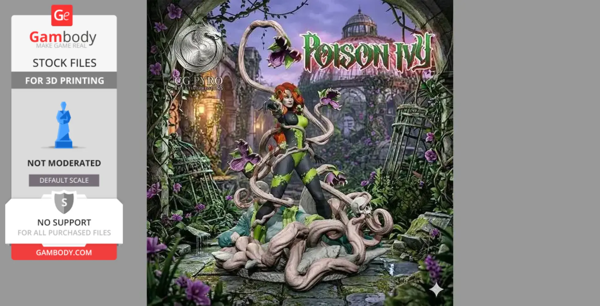 Poison Ivy surrounded by vines, standing over a defeated Batman in a garden setting.