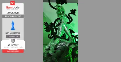 A 3D model of a woman with vine tendrils, standing over a figure on the ground, illuminated in green light.