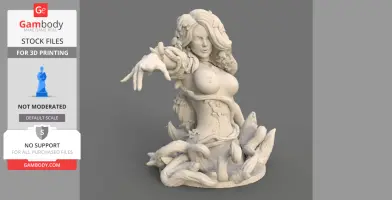 A detailed 3D model of a woman with flowing hair, surrounded by vines, extending an arm outward.