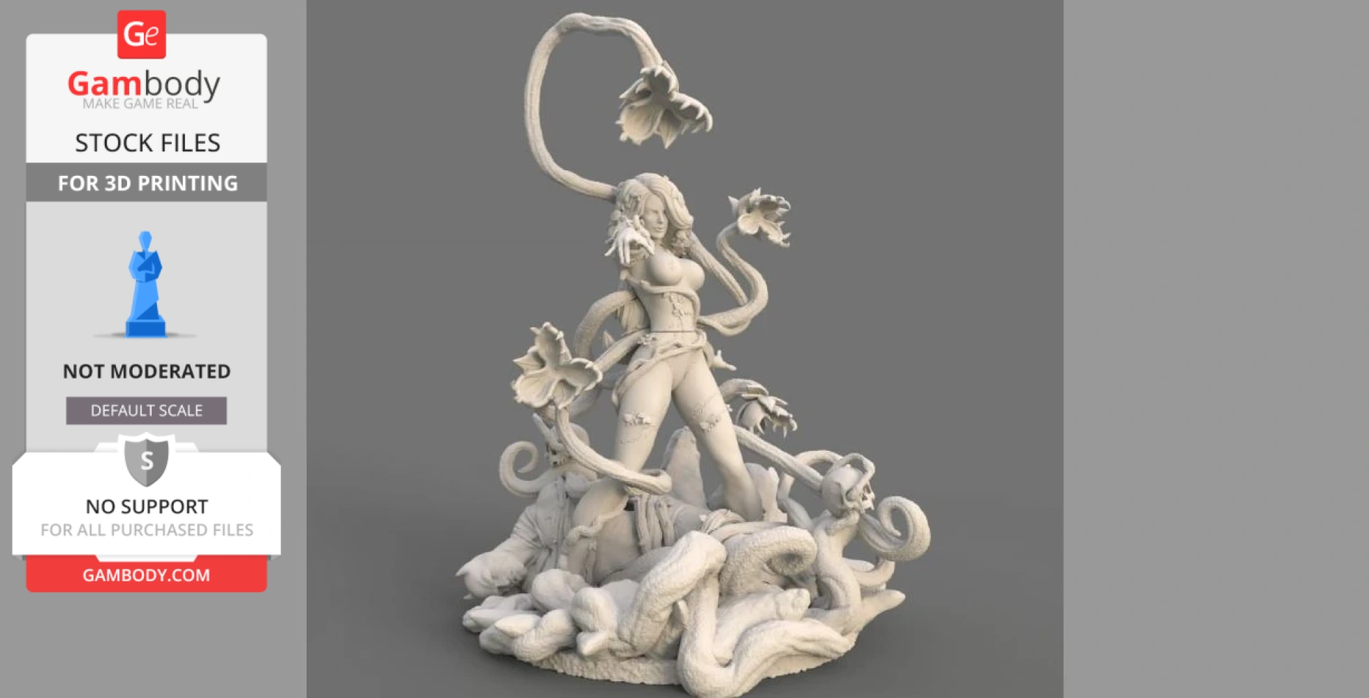 A 3D model of a woman entwined with vines, standing over a defeated figure surrounded by foliage.