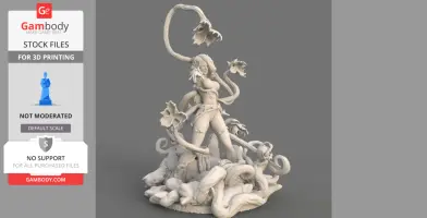 A 3D model of a woman entwined with vines, standing over a defeated figure surrounded by foliage.