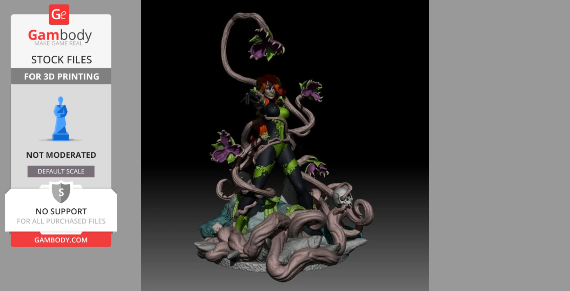 A 3D model of a woman entangled with vines and flowers, standing over a partially visible figure.