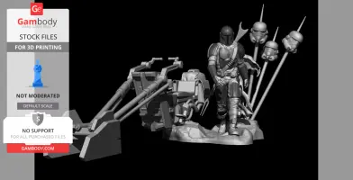 The image shows a 3D model of a Mandalorian figure with a vehicle and helmets on stakes.