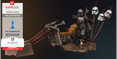 Armored figure with jetpack and speeder bike, alongside speared helmets.