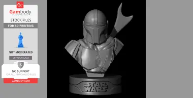 3D printed bust of a Mandalorian with a helmet and armor, displayed on a Star Wars themed base.