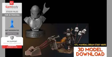 3D model of Mandalorian with helmet, weapon, speeder bike, and Stormtrooper helmets on spikes.