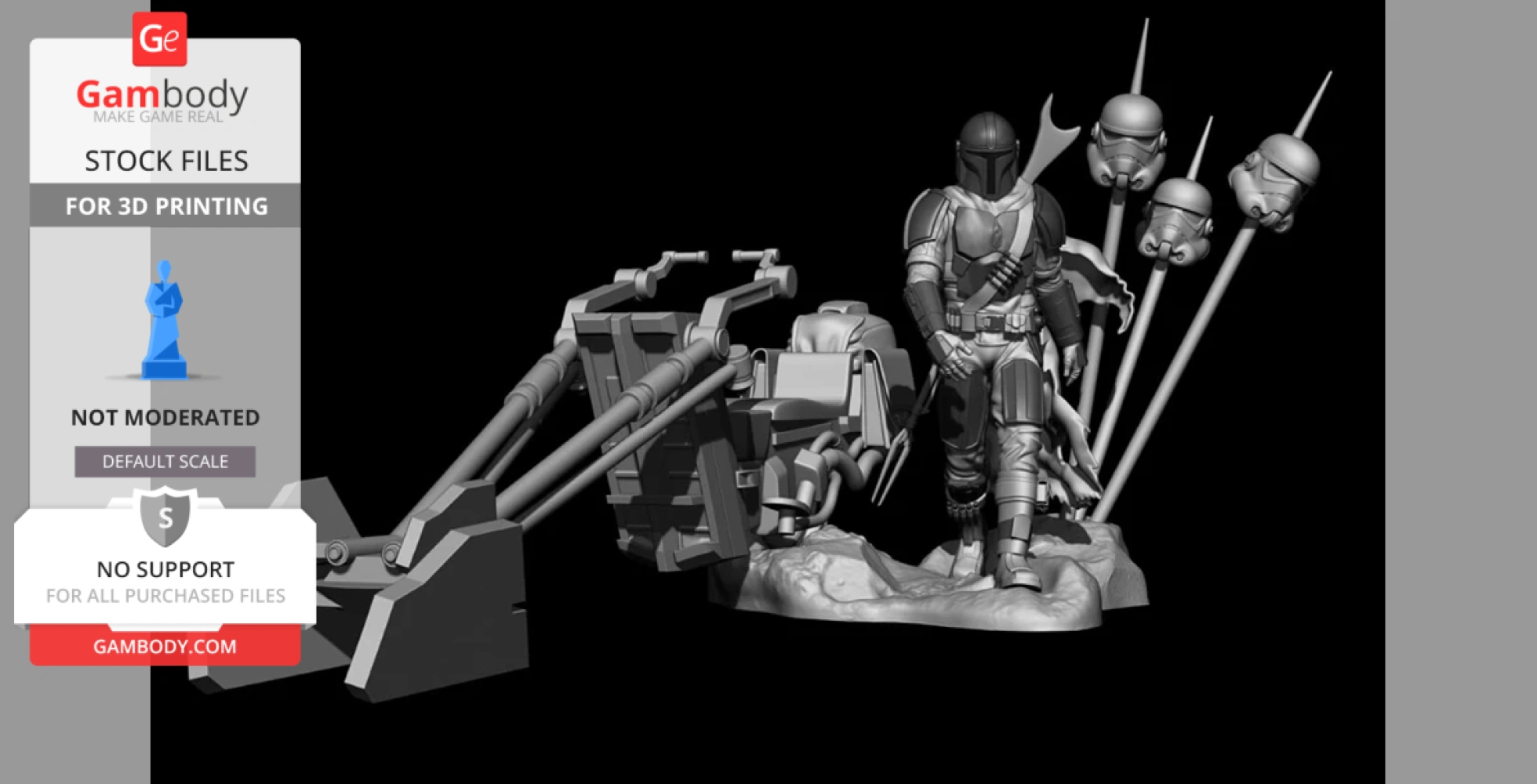 The image shows a 3D model of a Mandalorian figure with a vehicle and helmets on stakes.