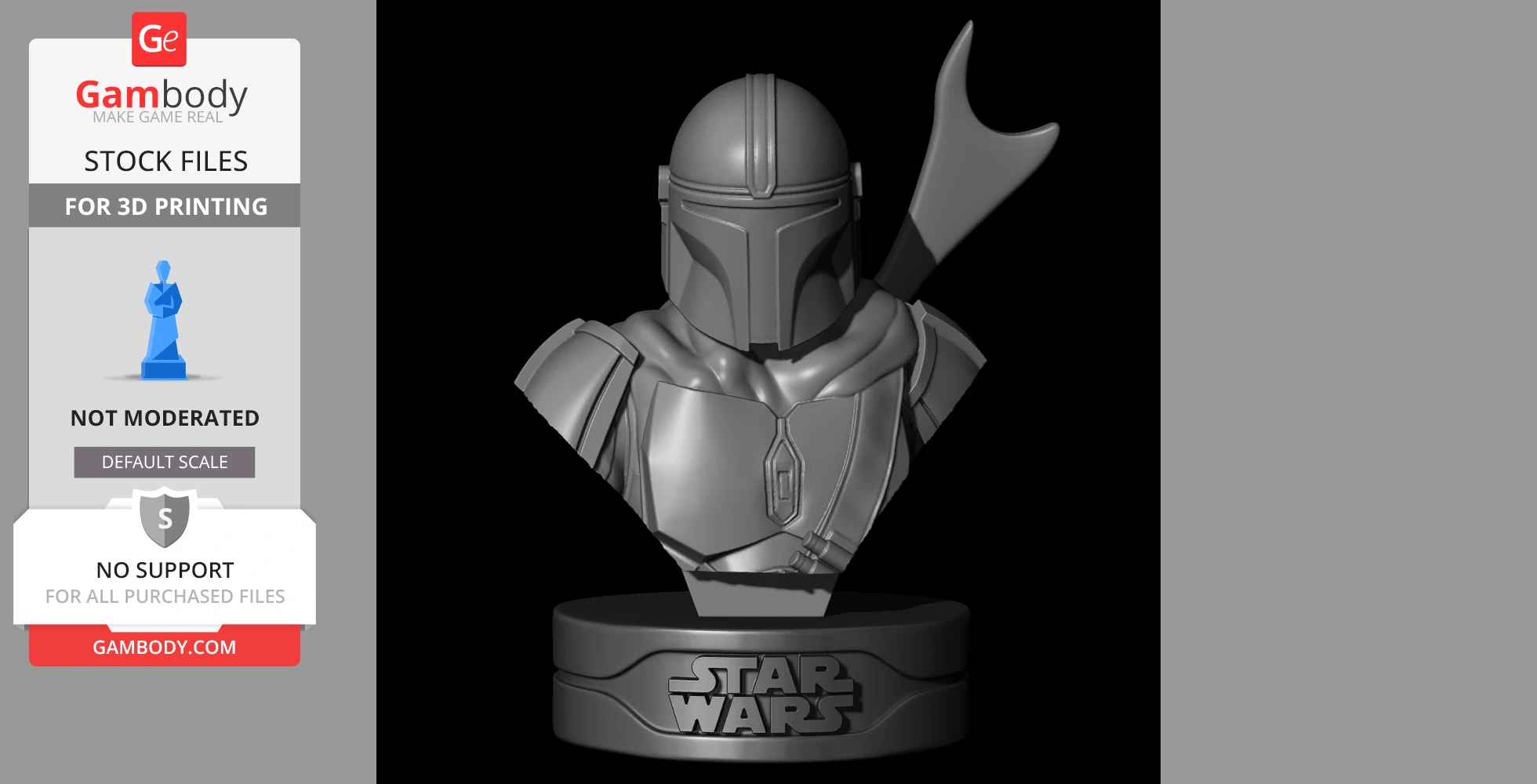 3D printed bust of a Mandalorian with a helmet and armor, displayed on a Star Wars themed base.
