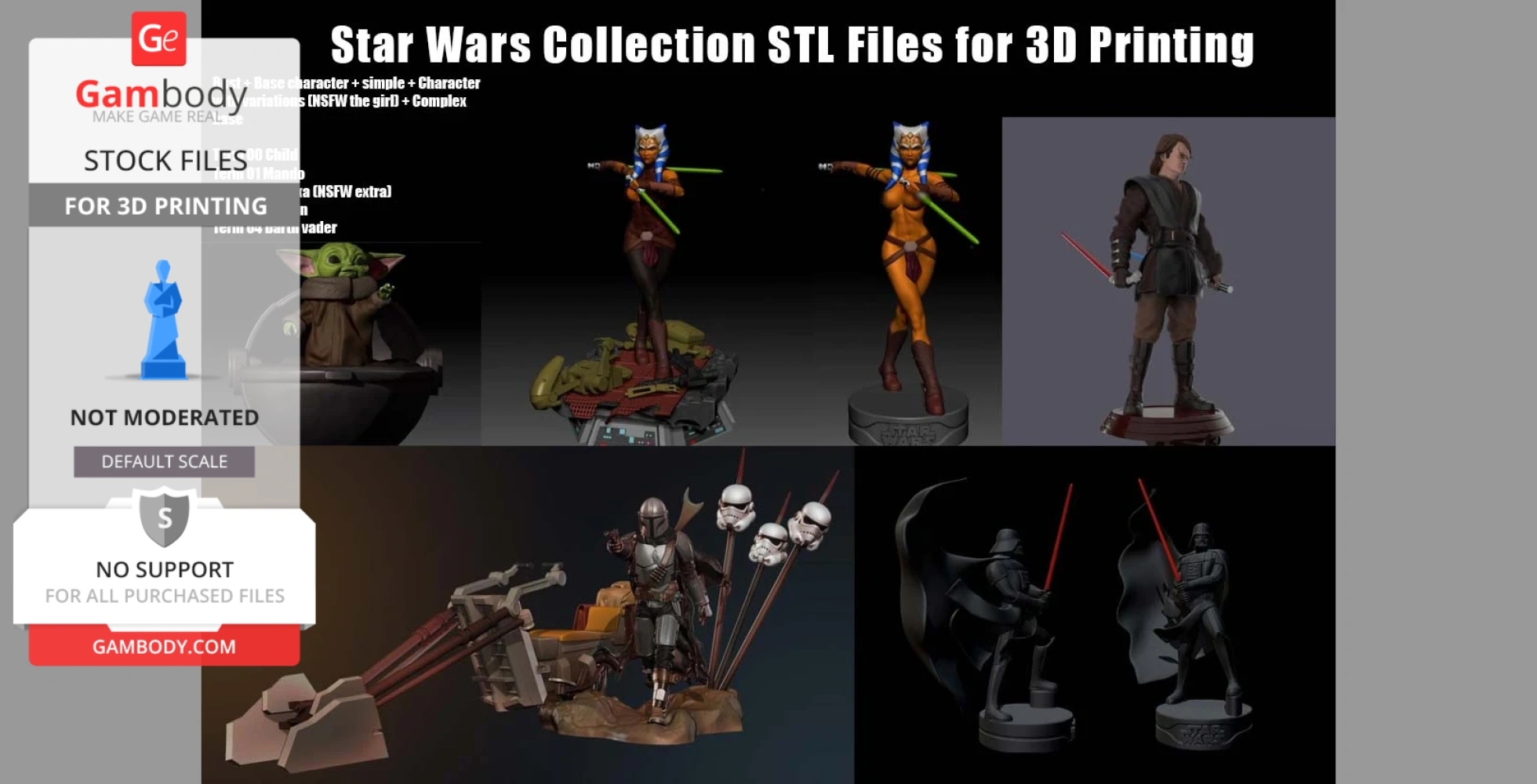 A collection of Star Wars 3D models for printing, featuring characters and vehicles, including Mandalorian figures.