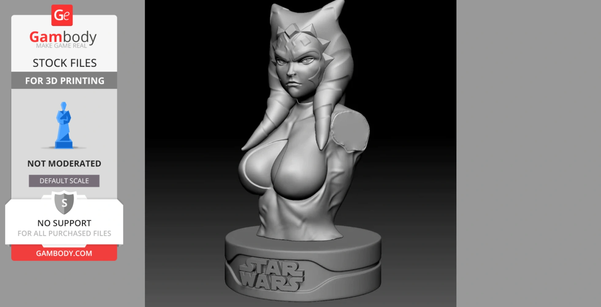 3D bust of a character with head-tails and fierce expression, mounted on 'Star Wars' engraved base.