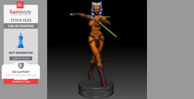 3D printed model of Ahsoka Tano with lightsabers, on a Star Wars themed base.