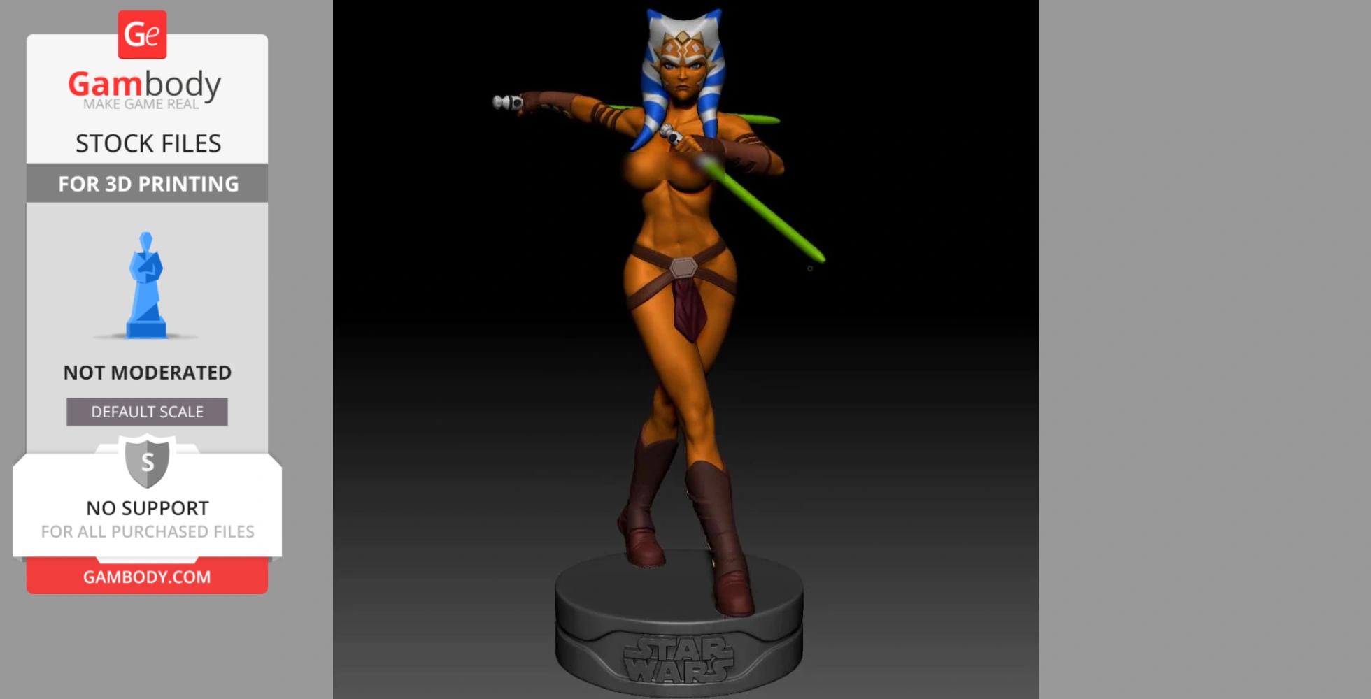 3D printed model of Ahsoka Tano with lightsabers, on a Star Wars themed base.