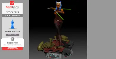 A 3D model of a character with dual green lightsabers, standing on a base with mechanical debris.