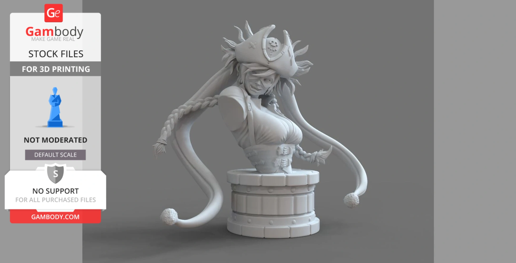 Pirate-themed bust with braided hair and pirate hat, on a cylindrical base for 3D printing.