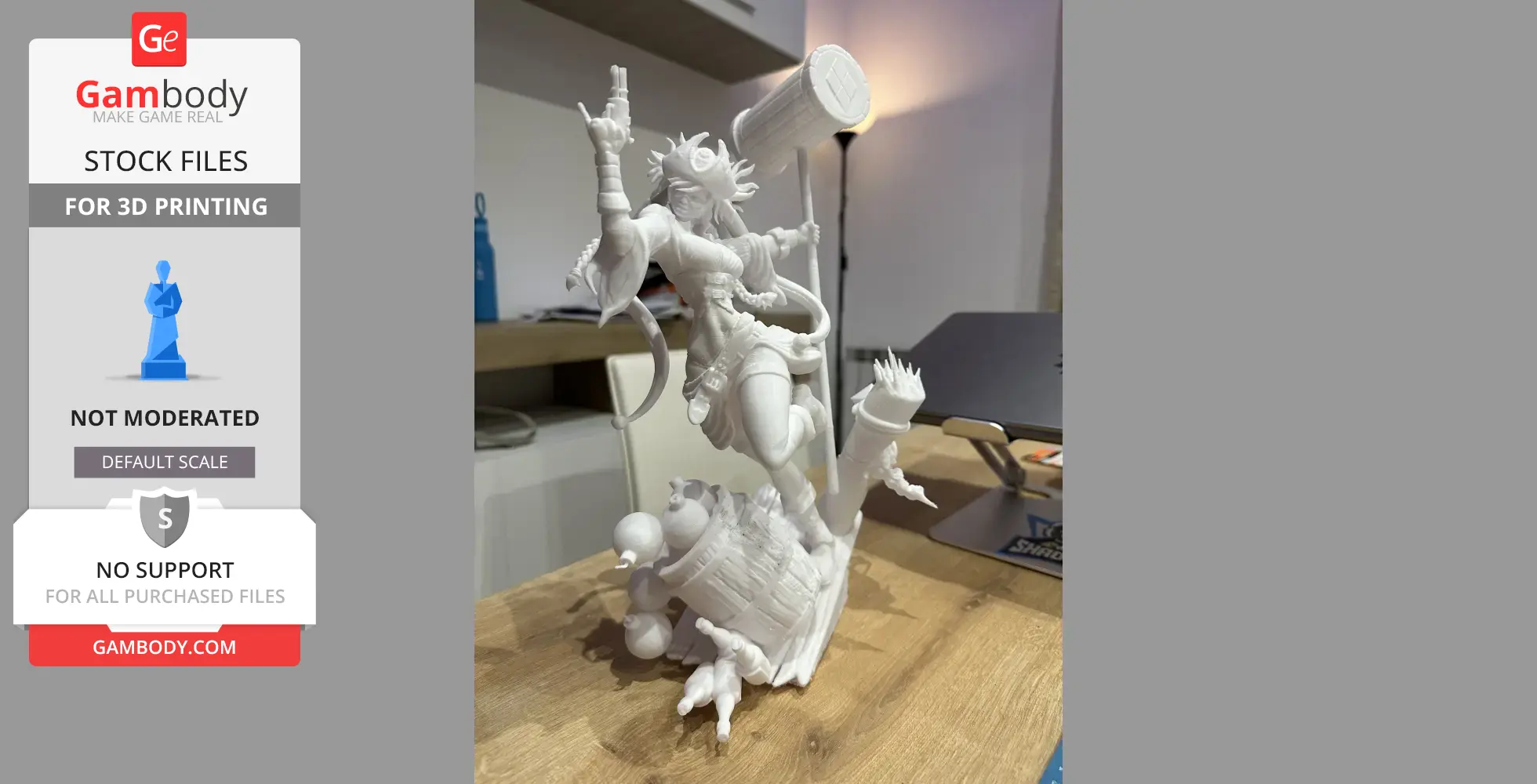 A detailed 3D print of a pirate-themed character brandishing a hammer, standing on barrels and bombs.