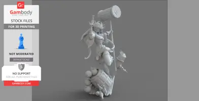 Pirate-themed figure with a large hammer, dynamic pose, standing on barrels and bombs.