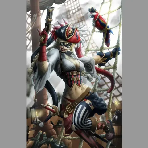 Pirate-themed female figure with goggles, holding a mallet, atop barrels and bombs.