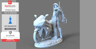 A hooded figure with a sword stands beside a motorcycle on a textured base, ready for 3D printing.