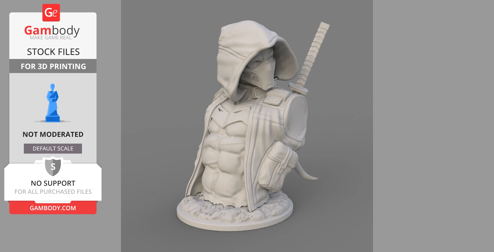 A 3D model of a muscular, hooded figure with a sword on the back, standing on a textured base.