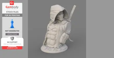 A 3D model of a muscular, hooded figure with a sword on the back, standing on a textured base.