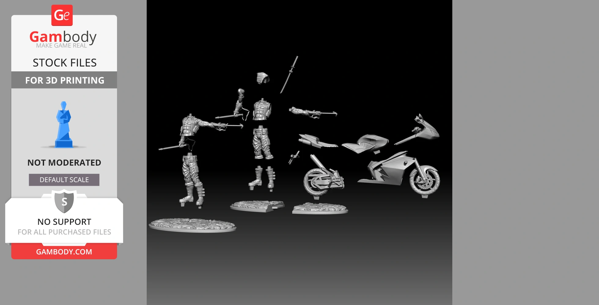 Disassembled Red Hood Outlaw 3D model parts and motorcycle for printing.