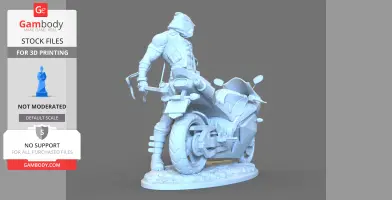 A 3D model of a hooded figure with swords, standing beside a detailed motorcycle on a textured base.