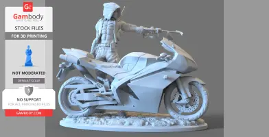 A 3D model of a hooded figure with a sword, standing on a motorcycle base, ready for 3D printing.