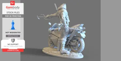 A hooded figure with a sword stands beside a motorcycle, holding a weapon in an action pose.