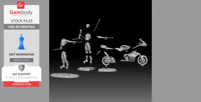Disassembled Red Hood Outlaw 3D model parts and motorcycle for printing.