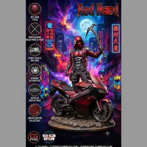 A hooded figure with a motorcycle, holding weapons, posed on a textured base.